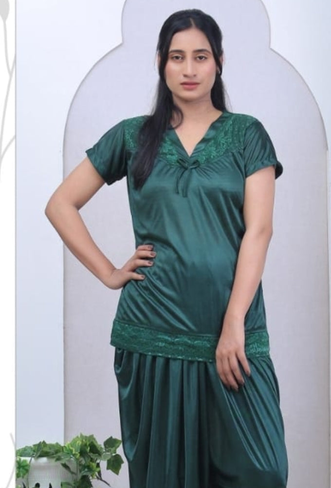 2PS Green colour  Silk Short Night Dress [AR000271]