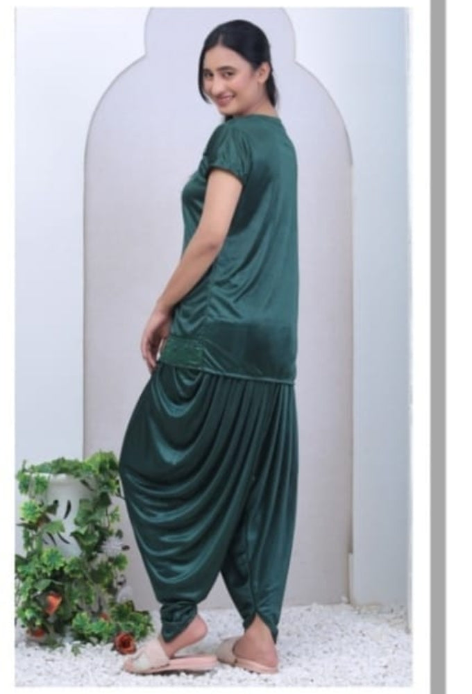 2PS Green colour  Silk Short Night Dress [AR000271]