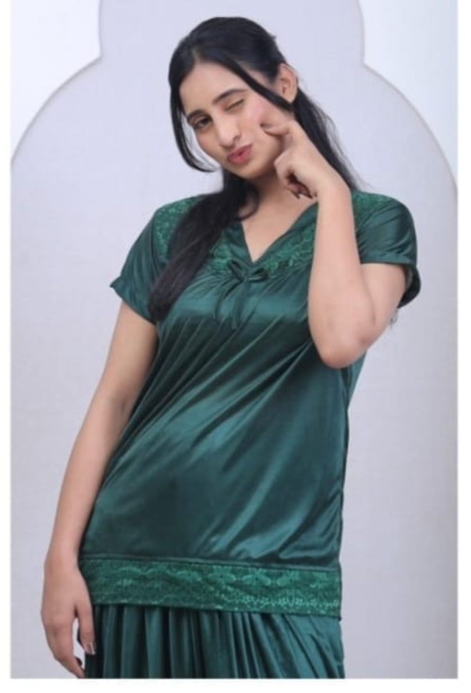 2PS Green colour  Silk Short Night Dress [AR000271]