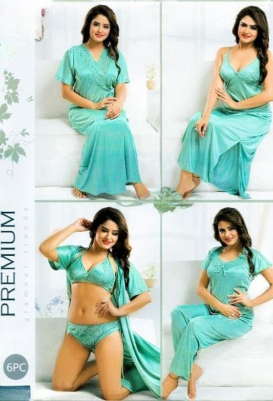 Premium 6ps Silk long night dress trouser + Shirt + inner Wear + Bra + panty free size [000002]