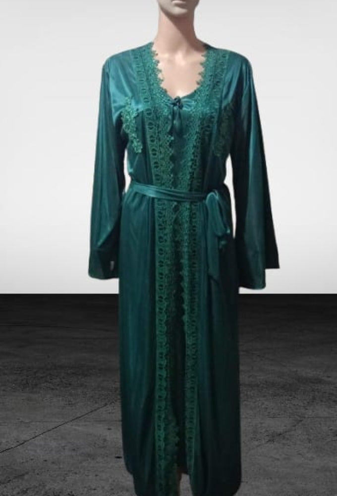 Silk long nighty lace detailing on front  2 piece night wear Inner + gown Colour green [000000]