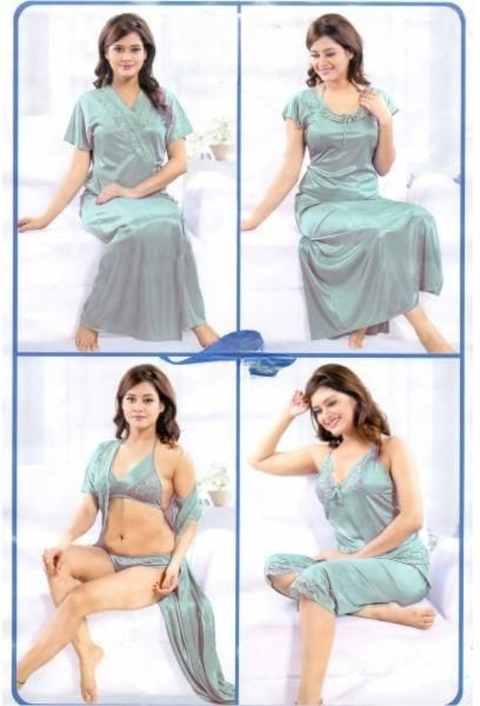 Premium 6ps Silk long night dress trouser + Shirt + inner Wear + Bra + panty free size [000003]