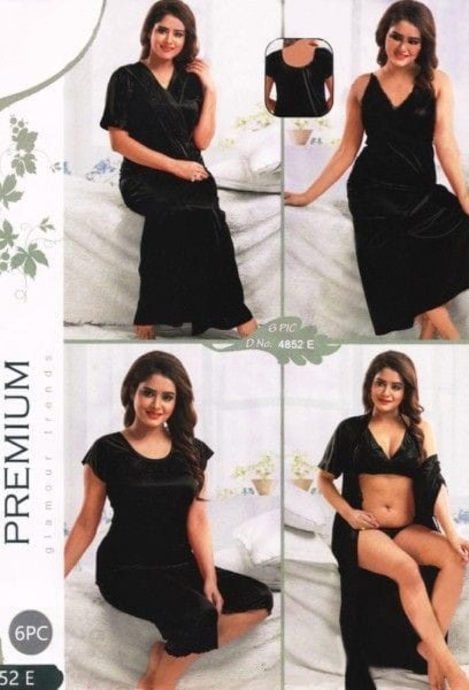 Premium 6ps Silk long night dress trouser + Shirt + inner Wear + Bra + panty free size [000000]