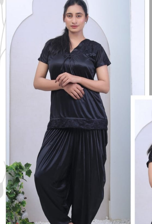 2PS Black colour  Silk Short Night Dress [AR000271]