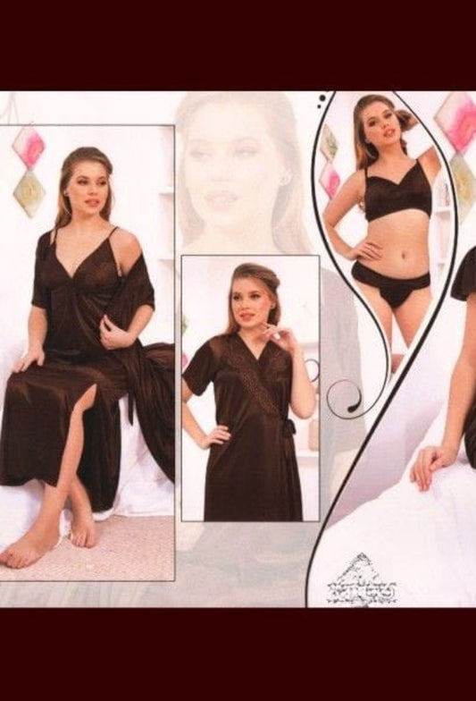 Premium 6ps Silk long night dress trouser + Shirt + inner Wear + Bra + panty free size [000001]