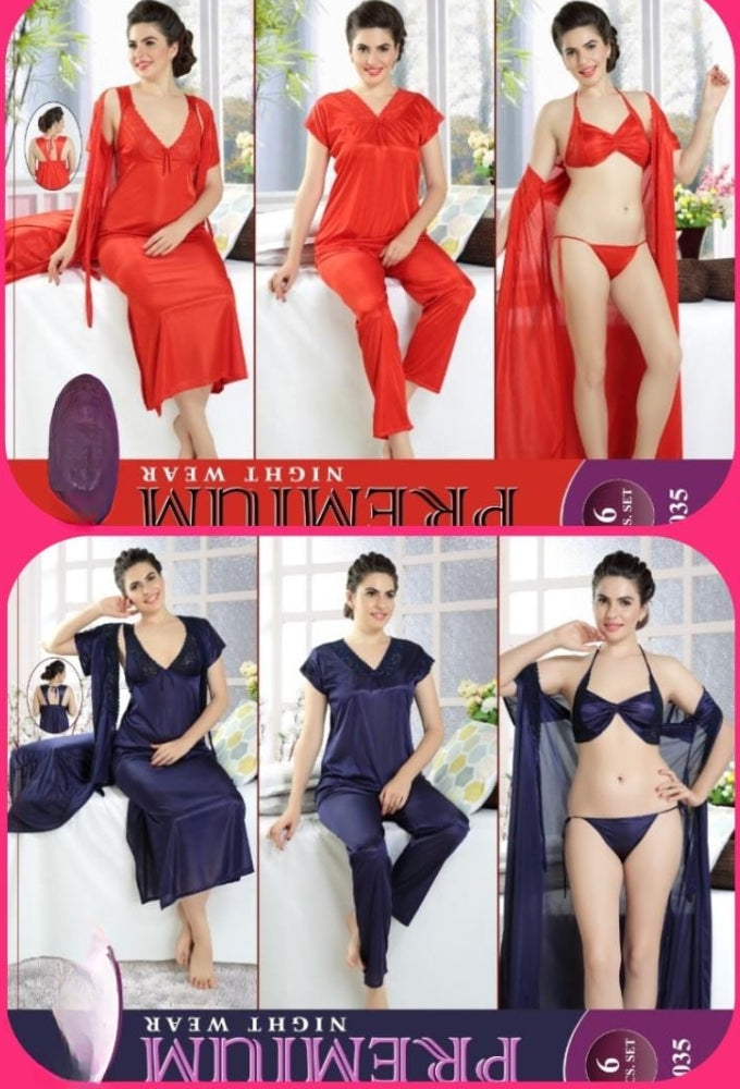 Premium 6ps Silk long night dress trouser + Shirt + inner Wear + Bra + panty free size [000003]