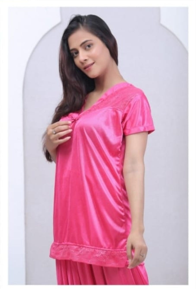 2PS Pink Colour  Silk Short Night Dress [AR000271]