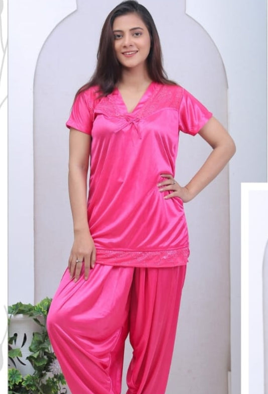 2PS Pink Colour  Silk Short Night Dress [AR000271]