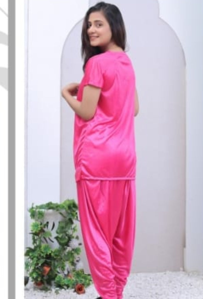 2PS Pink Colour  Silk Short Night Dress [AR000271]